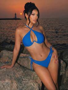 Swim SXY 女款夏季海灘派對掛脖繫帶性感優雅比基尼三角褲兩件式泳衣套裝 皇家藍 - 藍色 - 查看 3