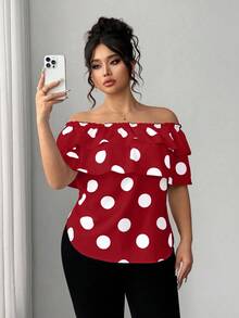 Elenzga Plus Size Women's Classic Polka Dot Print Layered Ruffle Off Shoulder Blouse - Red - View 5