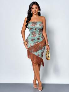 SOLERSUN Ropa de mujer primavera/verano: estilo elegante y relajado, estampado floral, tela de punto elástico, sin mangas, sin tirantes, ajustado, fruncido, dobladillo asimétrico, decoración de borlas, vestido midi (floral aleatorio) - Verde claro - Ver 6