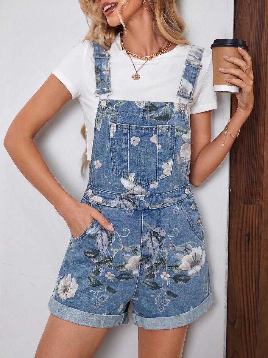 SHEIN Unity 女款花卉印花口袋休閒牛仔吊帶短褲 - 彩色 - 查看 1