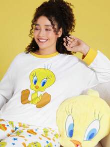LOONEY TUNES X SHEIN 加大码宽松拼色黄色和白色 Tweety 印花长袖上衣和裤子睡衣套装，适合秋冬季穿着， - 白色 - 查看 5