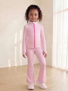 SHEIN Young Girls' Baby Pink Active Jacket Pants Set Side Contrast Color Design With Contrast Zipper High-Stretch Soft Fabric For Cycling Jogging Autumn - Pink - View 3