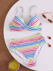 SHEIN Swim 2025 女款夏季海灘派對度假豹紋性感熱帶比基尼兩件式泳衣套裝 全白色 - 彩色 - 查看 4