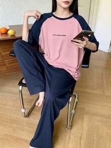 DAZY 字母印花落肩袖寬鬆短袖女款居家服兩件套 夏季睡衣 - 藏蓝色 - 查看 3