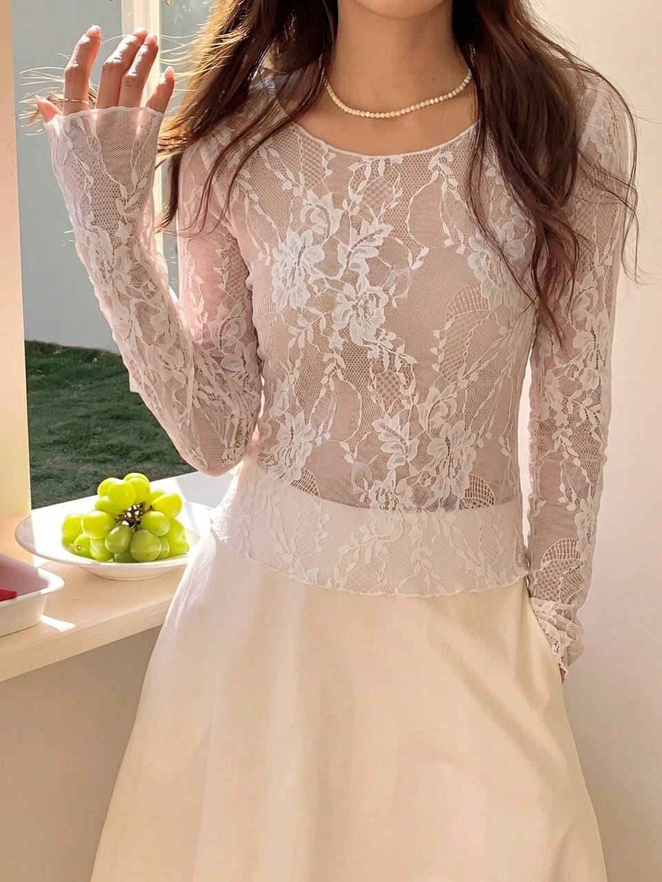 Women's Lace Sheer Long Sleeve Round Neck Base Layer Top Autumn Cute Tops High Tea Date White Floral Elegant