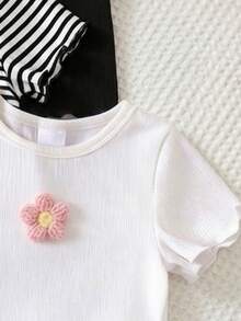 SHEIN 3pcs/Set Girls Korean Style Ribbed Short Sleeve Tops, Solid Color & Striped Combination, Handmade 3D Flower Applique + Frill Cuff Round Neck, Daily Innerwear & Outerwear, Suitable For Spring, Summer, Early Autumn - Multicolor - View 5