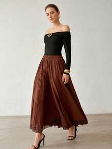 MOTF PREMIUM WOMEN'S 2026 ELEGANT MINIMALIST SOLID COLOR ELASTIC WAIST PLEATED SKIRT - Coffee Brown - View 1