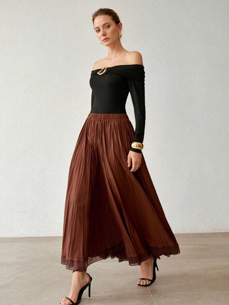 MOTF PREMIUM WOMEN'S 2026 ELEGANT MINIMALIST SOLID COLOR ELASTIC WAIST PLEATED SKIRT - Coffee Brown - View 1