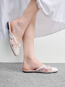 CUCCOO BIZCHIC 女款法式平底拖鞋，夏季百搭新款蝴蝶結編織包頭穆勒鞋，春季鞋款 - 米 - 查看 4