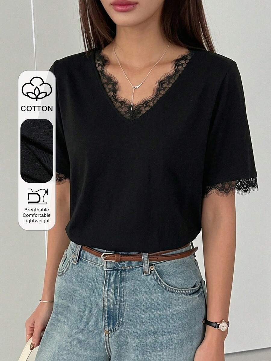 DAZY Kaos Pullover Kasual Wanita Musim Panas Leher Bulat Lengan Pendek dengan Patchwork Renda - Hitam - View 1