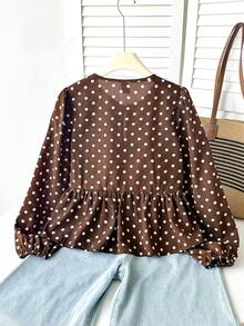 SHEIN 少女棕色與白色波點印花休閒可愛簡約舒適圓領長袖蝴蝶結時尚襯衫上衣 秋季 - 摩卡棕 - 查看 2
