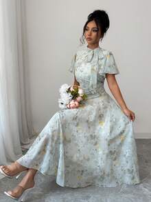 Modelyn Vestido acampanado con cordones, cintura ceñida, fruncido y estampado de mariposas para mujer - Verde - Ver 6
