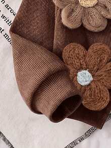 SHEIN Infant/Toddler (Girl) Chocolate Brown Black Ribbed Long Sleeve Cardigan Jacket With Large Flower Decoration, Solid Color Long Pants 2-Piece Set Spring - Brown - View 7