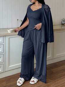 Dazy Plus Fashionable 3-Piece Home Wear Set, Slim Fit Camisole, Contrast Lace Cardigan, Pants, Elegant Plus Size Women's Pajama Set - Navy Blue - View 6