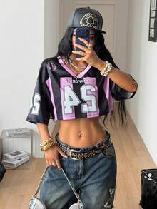 Coolane 女款街頭風酷感復古運動足球球衣字母印花 Y2K Blokecore 短版百搭 T恤 - 彩色 - 查看 1
