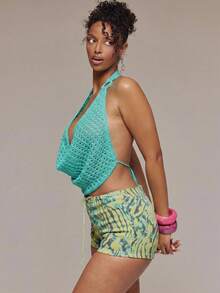 MUSERA Crochet Knit Ring Detail Cowl Halterneck Crop Top Spring Summer Ibiza Festival Holiday Vacation - Blue - View 4