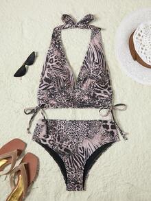 Swim Lushoire Summer Beach Solid Color Texture Bikini Set Music Festival - Multicolor - View 2