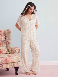 Elorette Conjunto de pijama con hombros descubiertos, manga corta, encaje floral de glicinia y parches semitransparentes - Albaricoque - Ver 2
