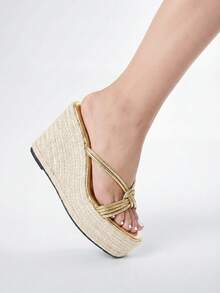 ROMWE Fairycore Ladies' Fashionable Summer Simple Wedge Sandals - Gold - View 2