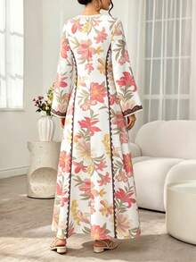 SHEIN Najma 紅色大碎花假蕾絲飾邊女款時尚V領長袖碎花洋裝，白色優雅長裙配花卉圖案，舒適女裝適合春夏季 - 彩色 - 查看 2