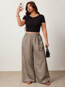 Enliva Plus Size Women's Polka Dot Wide Leg Pants – Flowy Elastic Waist Design For A Relaxed, Chic Everyday Look Vacation Autumn, For Apple And Rounded Body Shape - Khaki - View 5