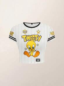 LOONEY TUNES X SHEIN 女士修身条纹卡通图案撞色滚边短袖T恤 - 白色 - 查看 1