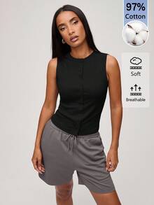 SHEIN BASICS 女款素色修身百搭日常休閒上衣 - 黑色 - 查看 6