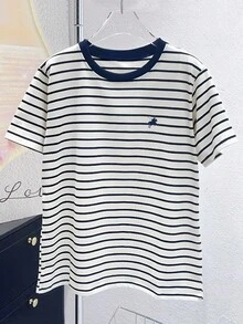 Resyla Equestrian Striped Print Round Neck Short Sleeve T-Shirt For Women, Summer Fashion - White - View 4