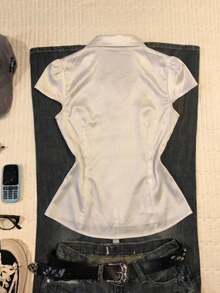 Attitoon Women's White Collar Slimming Short Sleeve Satin Elegant Fashion Waist-Defining Blouse - White - View 8