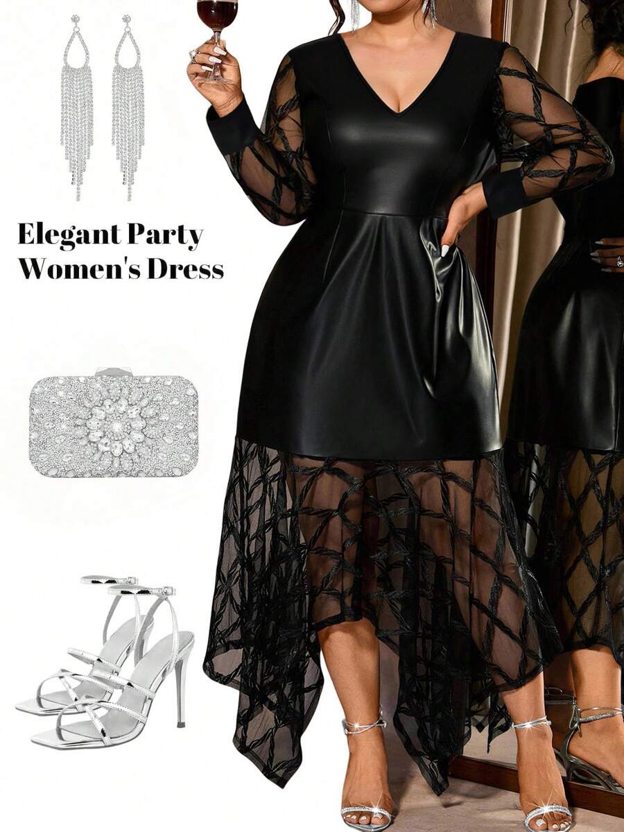 Cravure Plus Size Women Elegant Asymmetric Hem Party Dress With PU Leather & Mesh Panels - Black - View 1