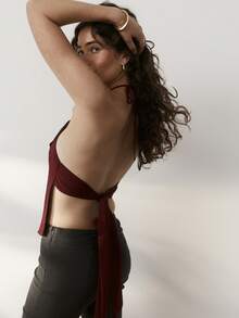 Aralina Scooped Neck Ruffle Neck Halter Neck And Tie Back Backless Chiffon Top Flowy Top Red Wine Polka Dot Print Cute Going Out Date Night Top Summer Sexy - Burgundy - View 3