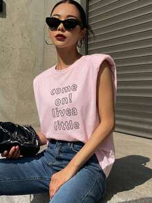 DAZY 女款休閒日常字母刺繡圓領T恤，夏季圖案短袖上衣 - 淺粉色 - 查看 5
