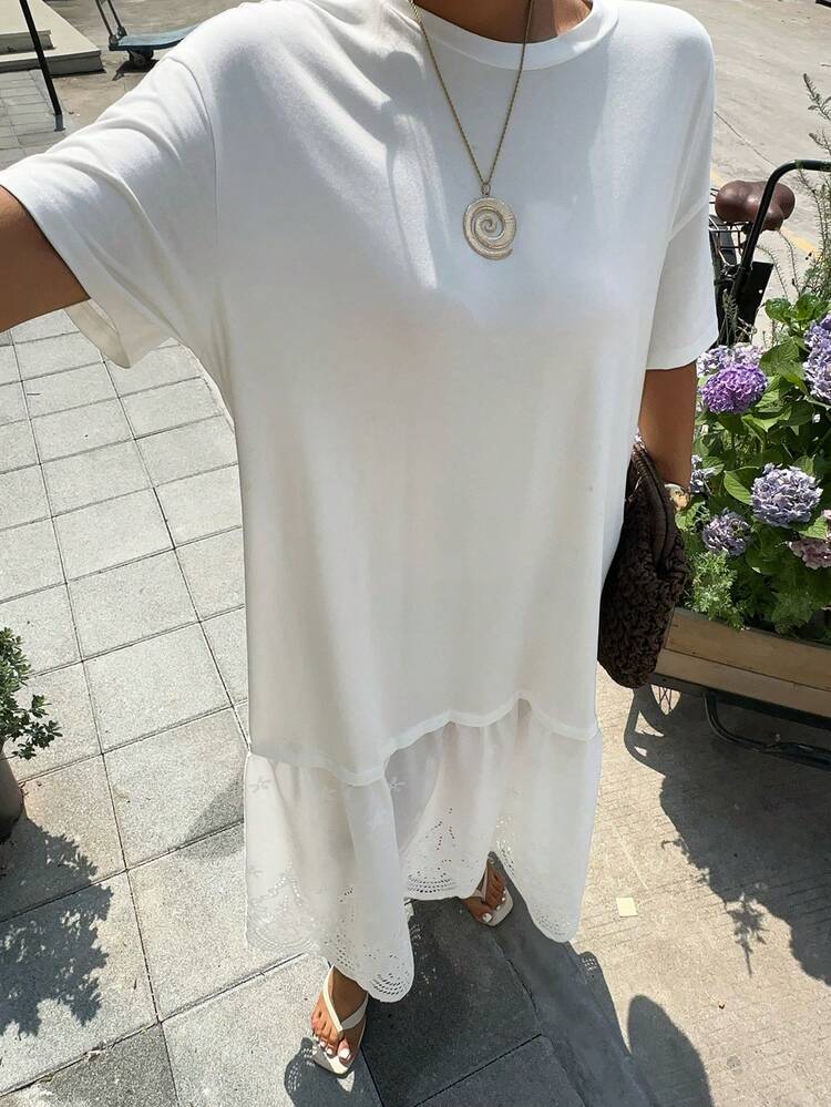 Dazy Plus Summer Round Neck Short Sleeve Lace Patchwork Vacation Style Casual Long Knit White Dress, Plus Size For Women Spring/Summer