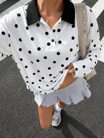 Muchica Women's Polka Dot Print Polo Collar Long Sleeve Casual T-Shirt  World Cup Summer Tops Going Out Casual Blouses For Women