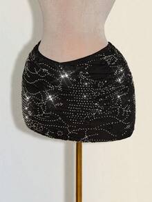 Sweetina Falda ajustada y sexy con pliegues, bordada con lentejuelas para mujer - Negro - Ver 3