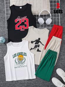 SHEIN 3sets Kids Tween Boy Casual Loose Letter Print Crew Neck Short Sleeve Tank Top & Shorts 2-Piece Set Multi-Pack Suitable For Commuting School Daily Casual Outings Sports Spring Summer - Multicolor - View 3