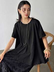 FRIFUL 女款卡其色寬鬆A字版圓領短袖T恤 夏季衣著 大尺寸 - 黑色 - 查看 3