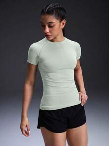 Powerista Solid Color Round Neck Short Sleeve Slim Fit Sports T-Shirt - Green - View 6
