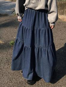 Dazy Tall Women's Elastic Waist Long Casual Denim A-Line Skirt - Medium Wash - View 5
