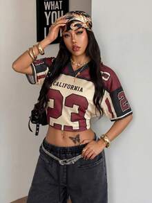 Coolane Camiseta de fútbol para mujer primavera verano Y2K streetwear vintage transpirable de malla con gráficos y patrón de números - Multicolor - Ver 5