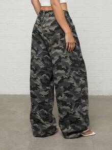 COUREZ Celana Jeans Low Rise Camo Medium Balloon dengan Kancing Terbuka /Outfit Musim Panas Y2K untuk Wanita, Pakaian Kasual Musim Panas, Celana Jeans untuk Pergi Keluar, Pakaian Festival Musim Panas - MultiWarna - View 3