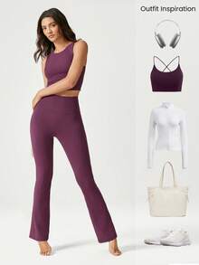 GLOWMODE 31" FeatherFit™ Ultra-High-Waisted Curved Seam Flared Leggings Pants Low Impact Yoga Pilates Daily Spring Summer - Cherry Cola - View 9