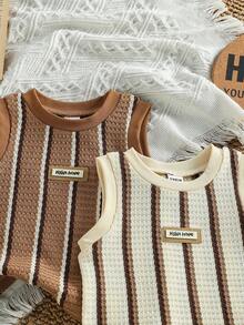 SHEIN Vintaside Kids Baju Bayi Laki-laki Unisex Modis Baru Keren Tampan Motif Waffle Garis-garis Longgar, Cocok Untuk Beraktivitas di Luar Ruangan - Coklat - View 6