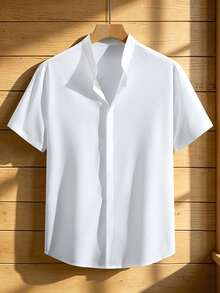 Manfinity Mode Men's Solid Color Single-Breasted Casual Versatile Daily Travel Short Sleeve Shirt, Formal - White - View 3