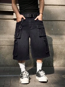 Manfinity EMRG Men's Denim Wide Leg Cargo Shorts - Grey - View 3