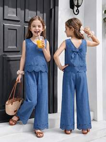 Young Girl Top Set,V-Neck Burn-Out Pattern Bowknot Sleeveless Top&Wide-Leg Pants Summer,Matching,Family Vacation,Holiday Outfits - Blue - View 2