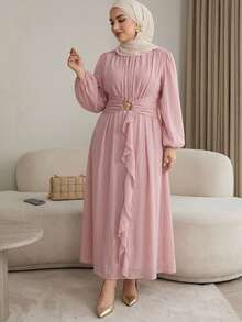 Solavon Vestido elegante de mujer talla grande con cuello redondo, mangas farol, patchwork y volantes - Rosa vieja - Ver 6