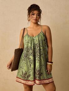Travachic Plus Size Women's Vacation Palm Tree Print Loose Camisole Romper - Green - View 6