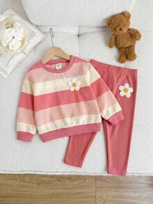 SHEIN LMoss Kids 女嬰針織條紋圓領休閒衛衣與長褲2件套，磨毛加厚面料，適合秋冬穿著 - 粉色 - 查看 3