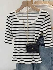 EMERY ROSE Women's Striped Contrast Color Round Neck T-Shirt, Fashionable & Versatile - White - View 5